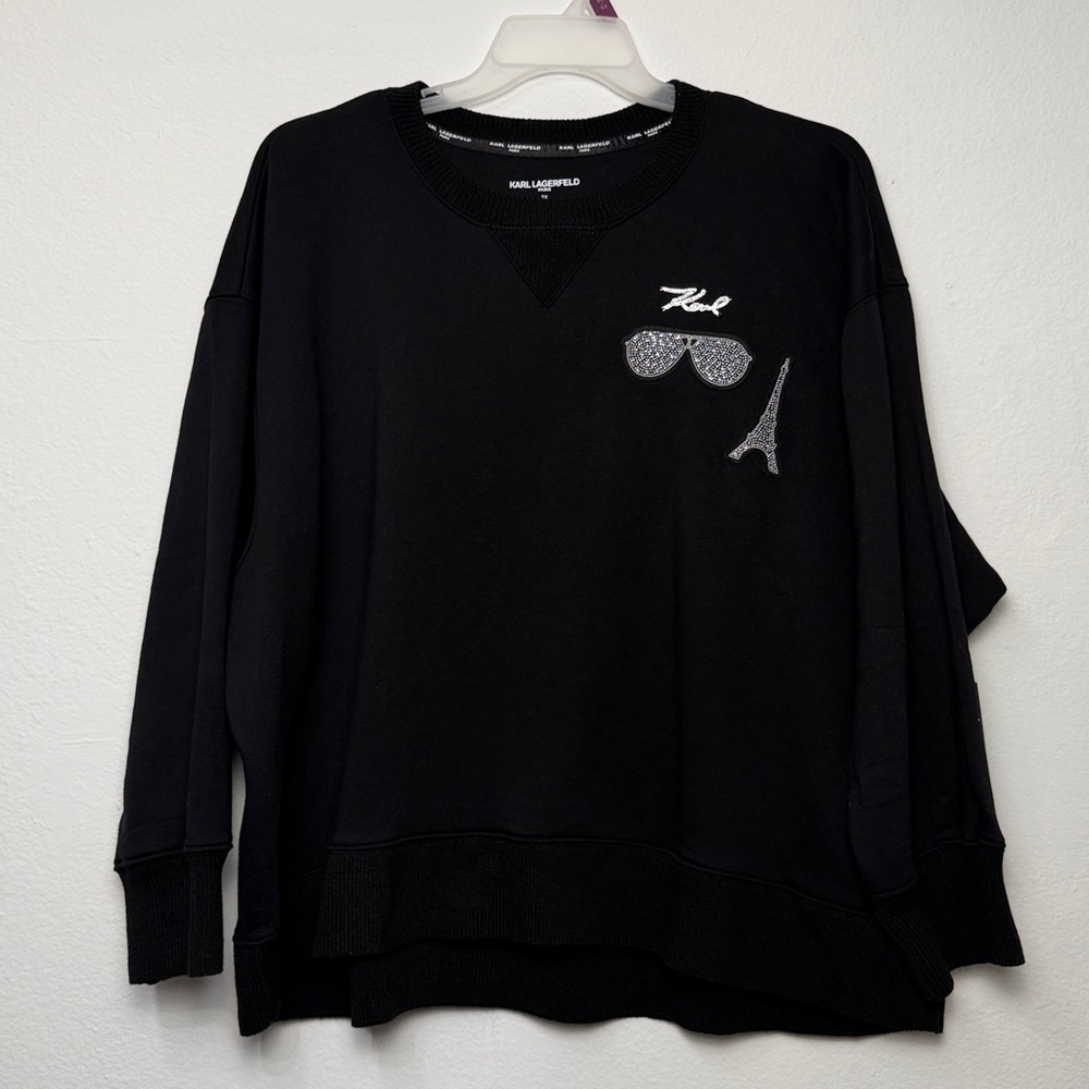 Karl Lagerfeld Black‎ Crewneck Sweater with Embellishments